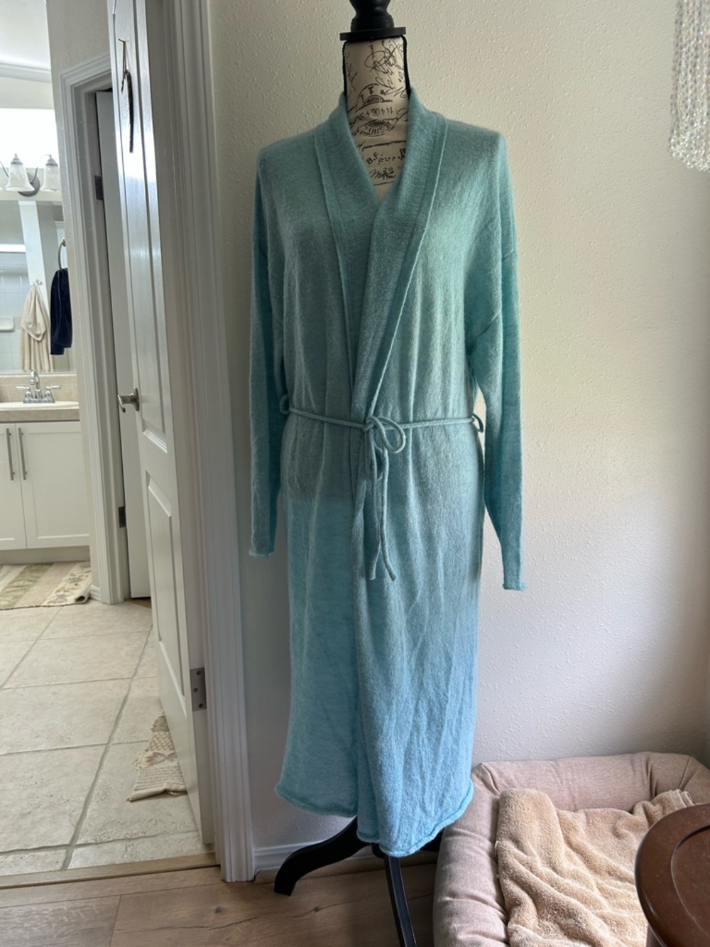 Long Shawl Collar Robe in Light Aqua with Tie Belt